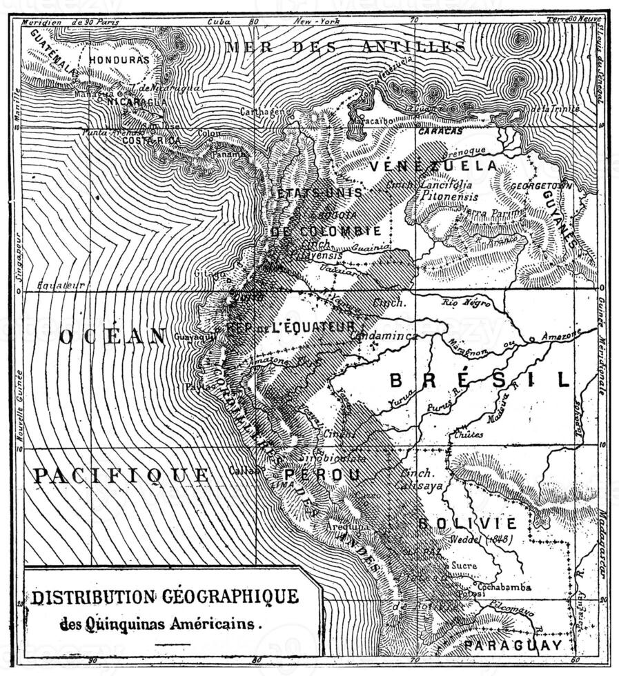 géographique Distribution de quinine les Américains, ancien gravure. photo