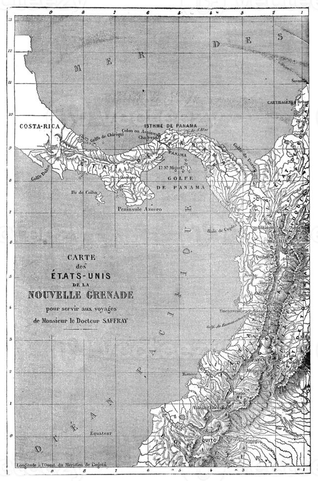 carte de uni États de Nouveau Grenade, ancien gravure. photo