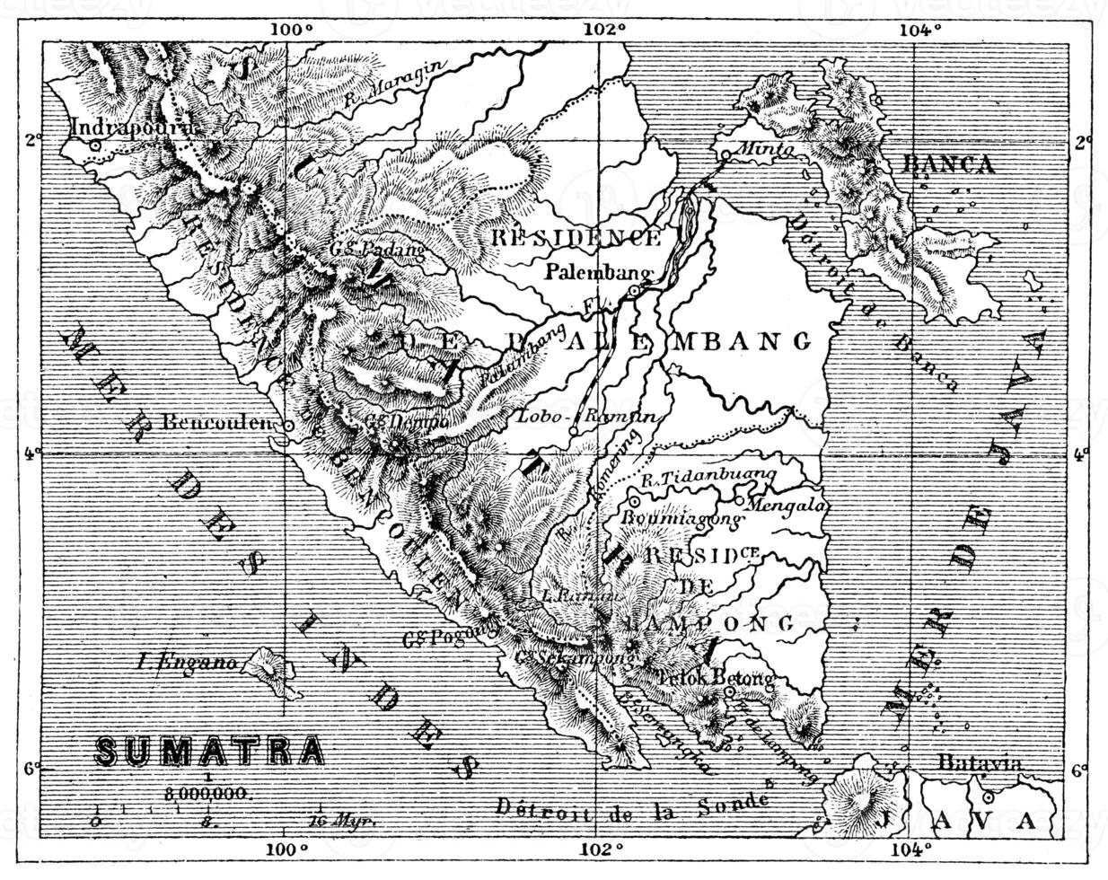 carte de Sumatra, ancien gravure. photo