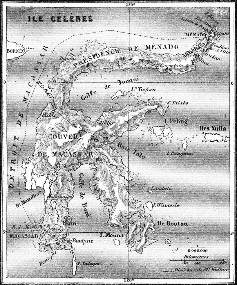 carte de Sulawesi île, ancien gravure. photo