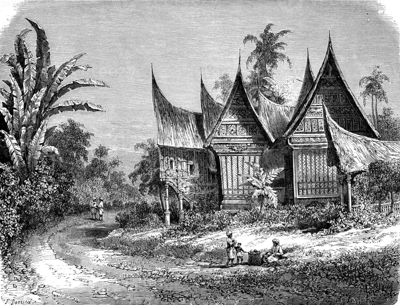 le maison de une chef dans Sumatra, ancien gravure. photo