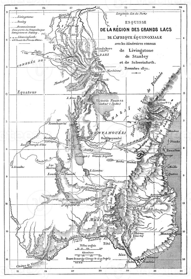 le génial des lacs région. de équinoxial Afrique, ancien gravure. photo