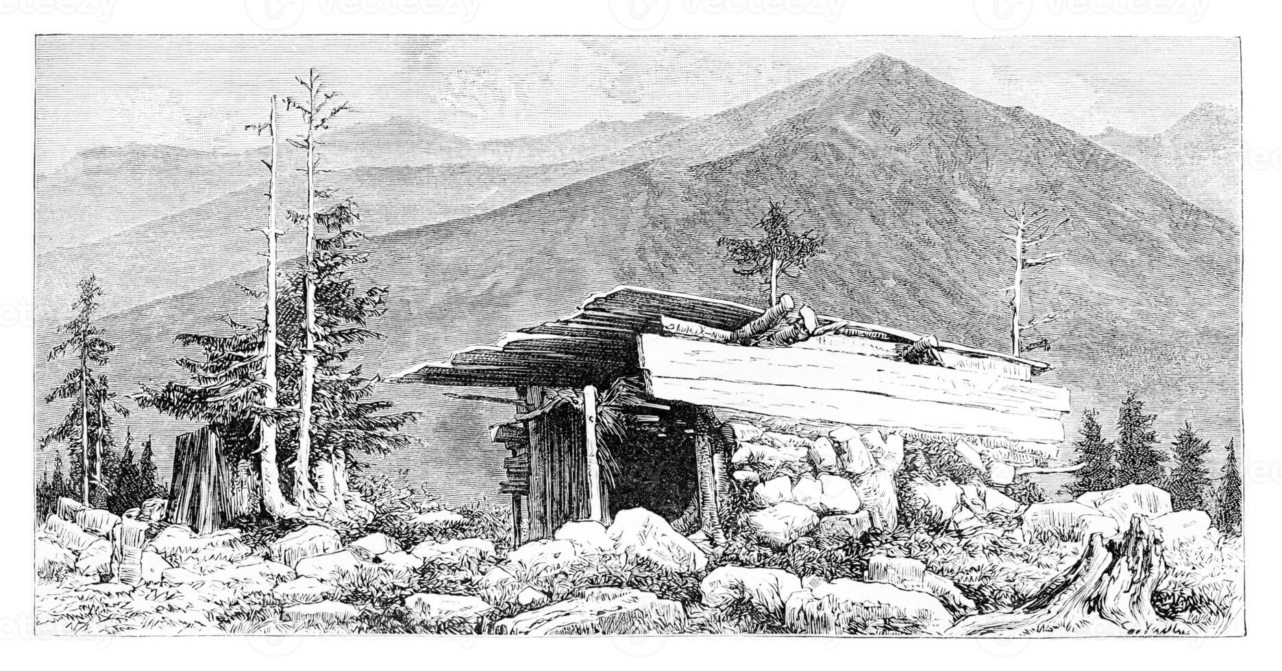 bergers cabane dans le tatra montagnes, Pologne, ancien gravure photo