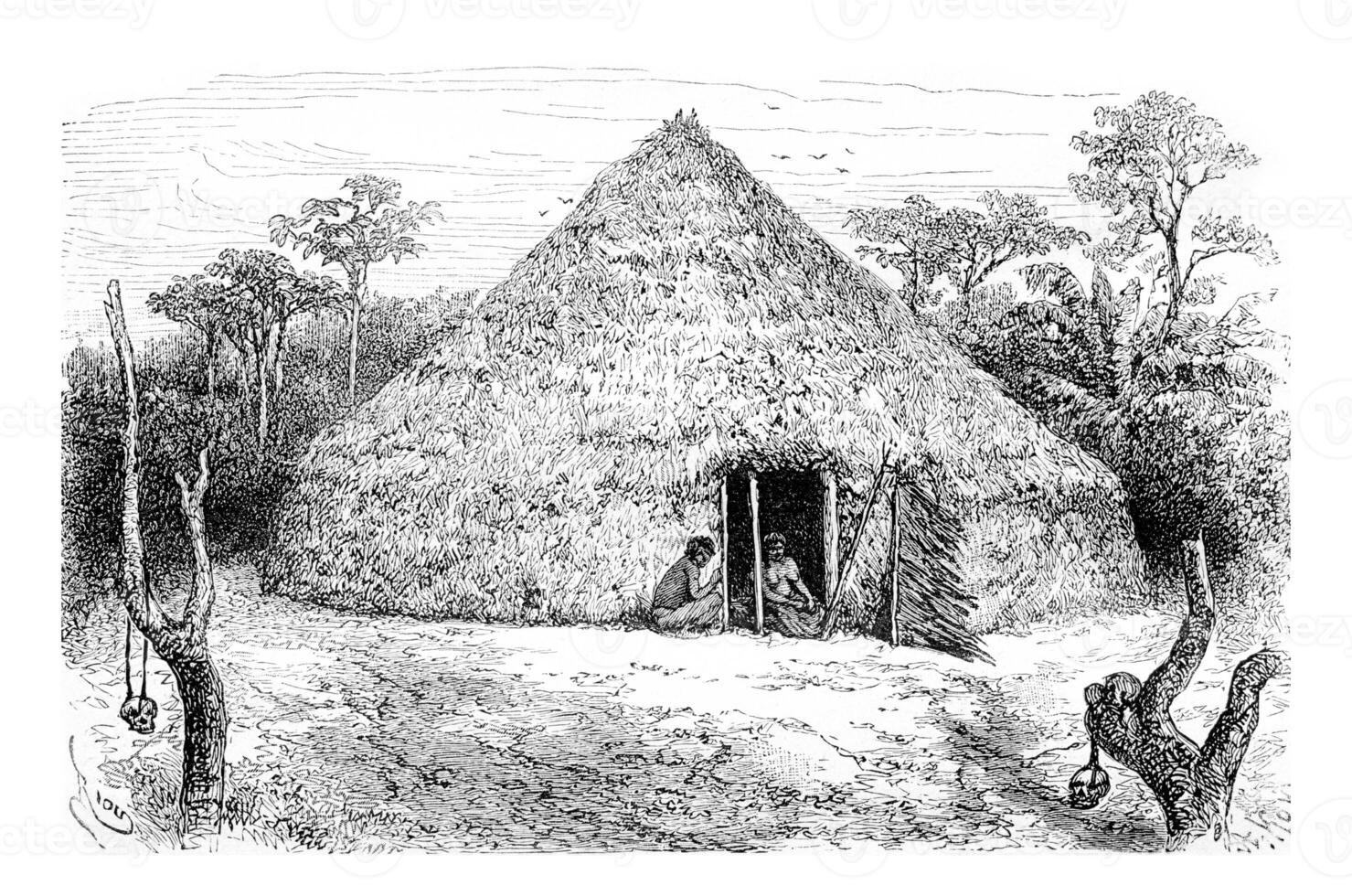 habitations de le orejone Indiens dans amazones, Brésil, ancien gravure photo