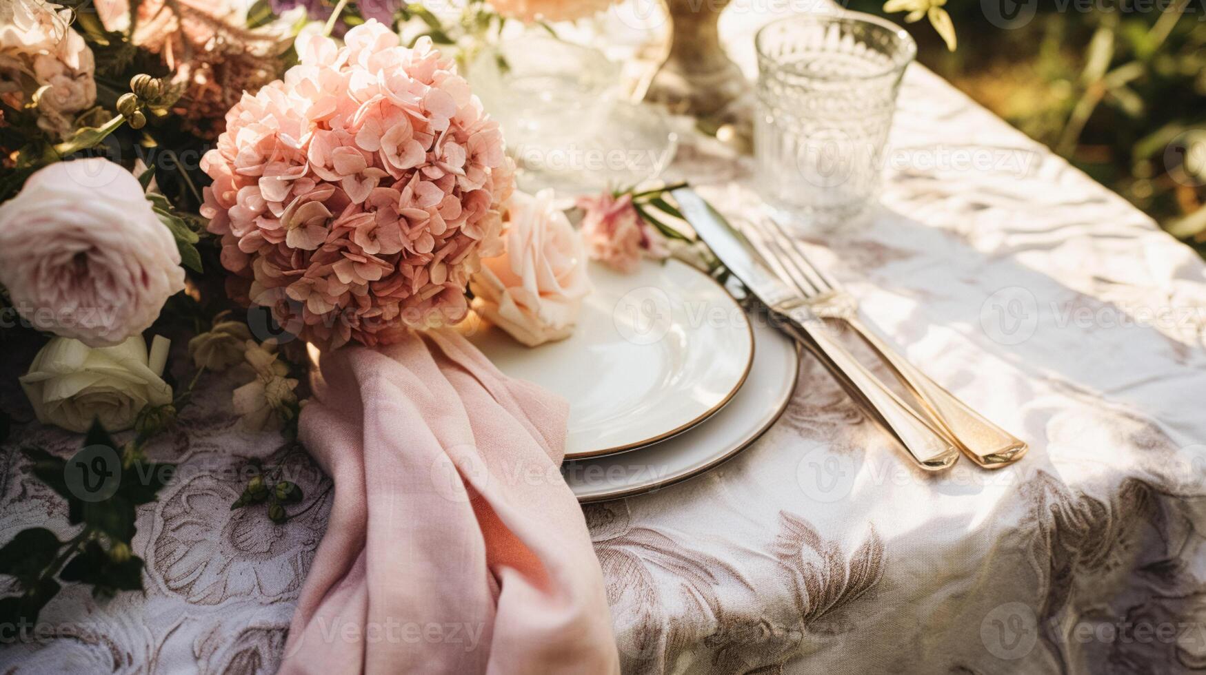 ai généré table décor, vacances paysage de table et dîner table réglage dans campagne jardin, formel un événement décoration pour mariage, famille fête, Anglais pays et Accueil coiffant photo