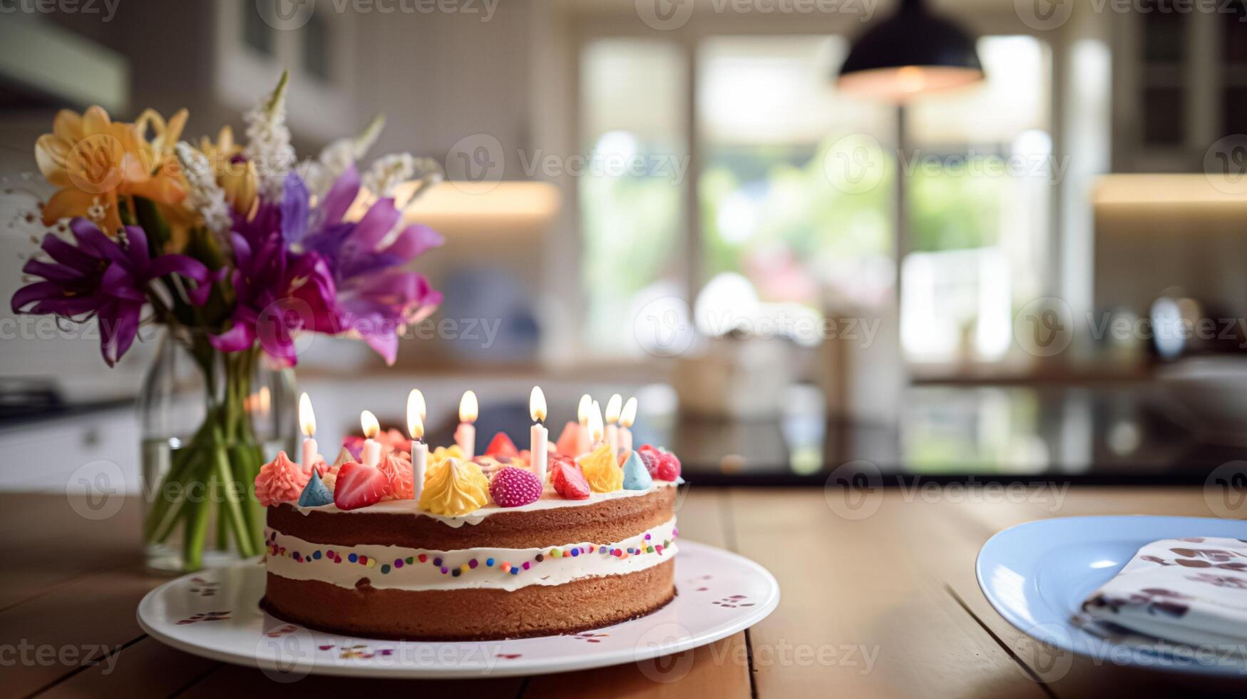 ai généré fait maison anniversaire gâteau dans le Anglais campagne loger, chalet cuisine nourriture et vacances cuisson recette photo