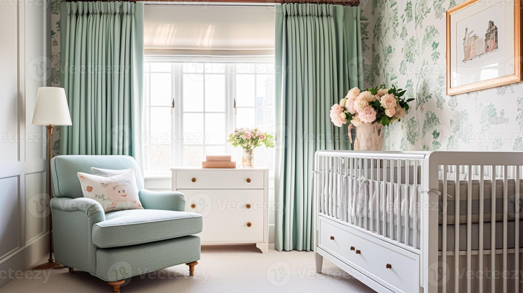 ai généré bébé pièce décor et intérieur conception inspiration dans le Anglais campagne style chalet photo