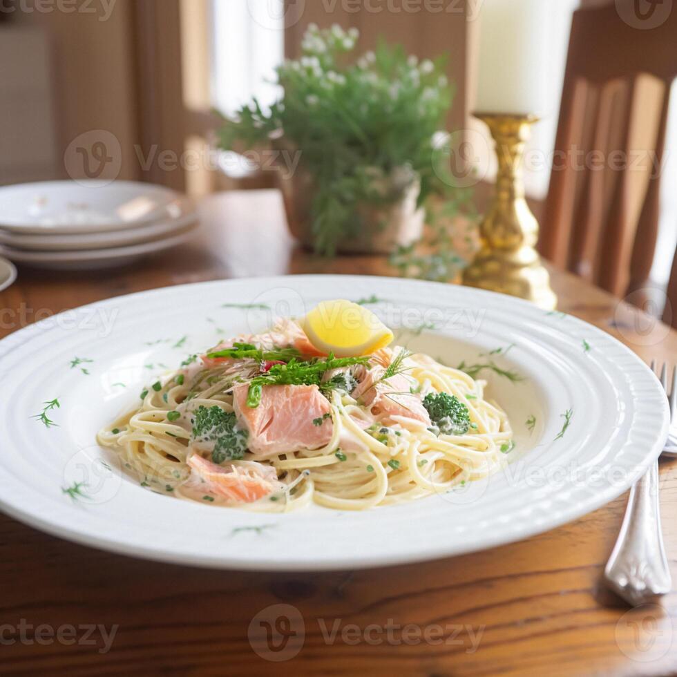 ai généré Pâtes avec fumé Saumon et crème, fait maison cuisine et traditionnel nourriture, pays la vie photo