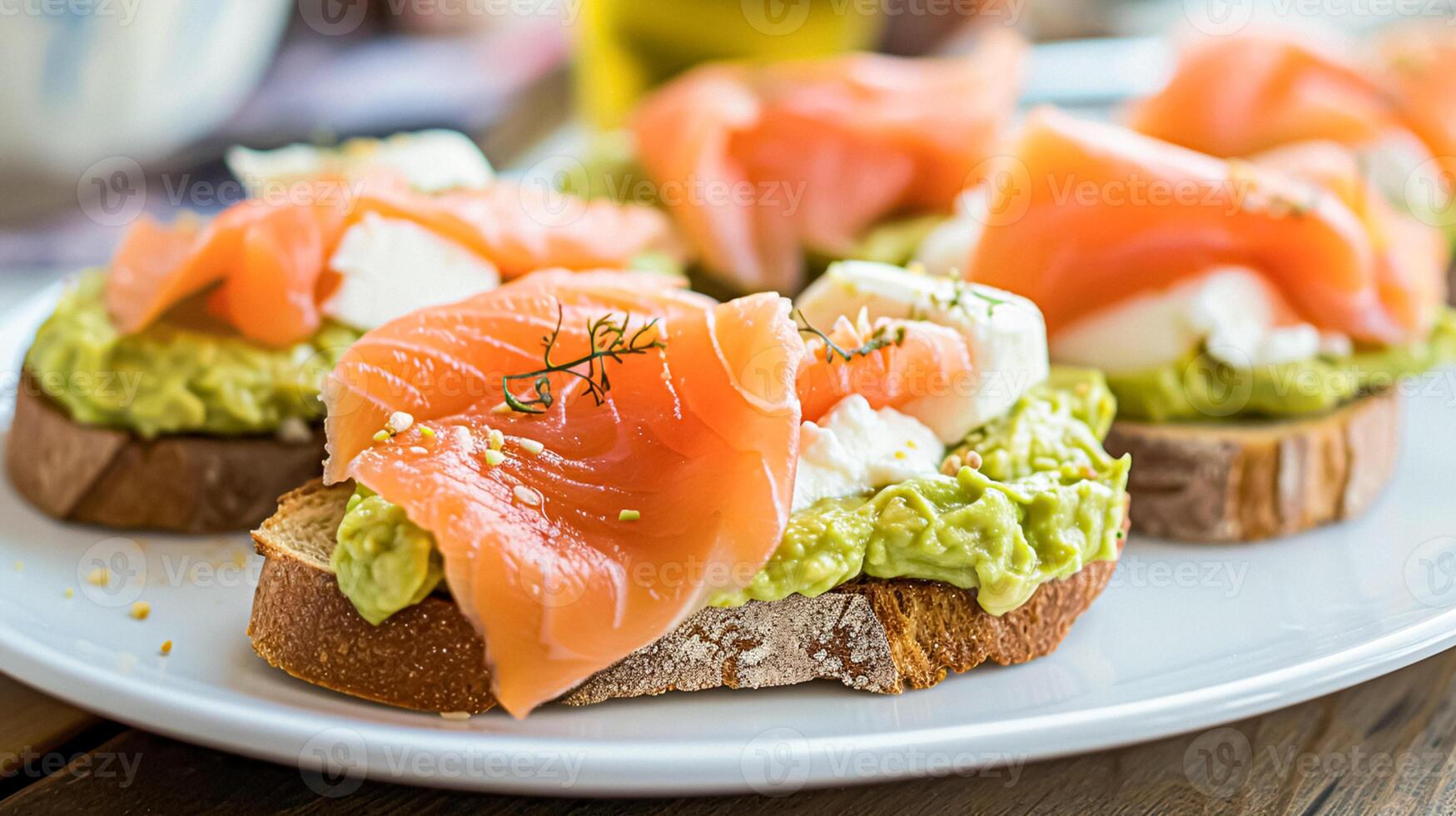 ai généré Avocat pain grillé avec fumé Saumon pour petit-déjeuner, fait maison cuisine et traditionnel nourriture, pays la vie photo