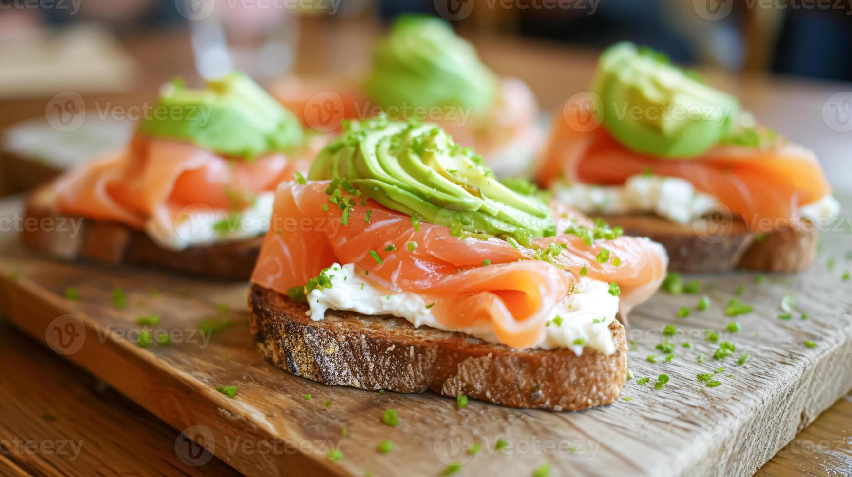 ai généré Avocat pain grillé avec fumé Saumon pour petit-déjeuner, fait maison cuisine et traditionnel nourriture, pays la vie photo