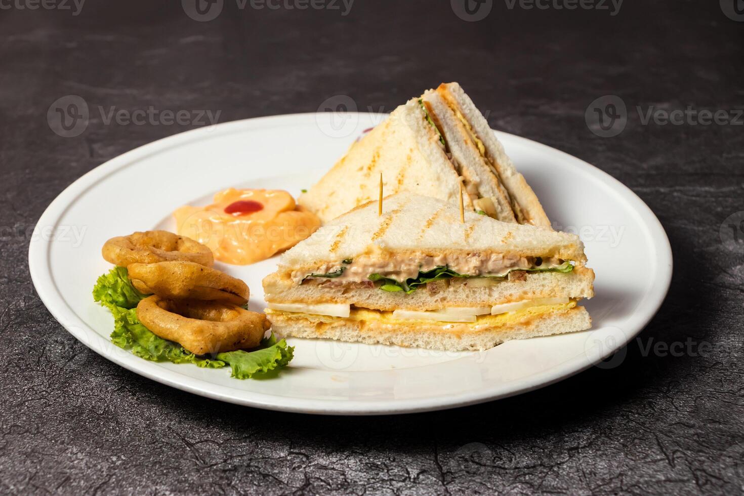 club sandwich avec frit oignon anneaux servi dans plat isolé sur Contexte Haut vue de bangladesh nourriture photo