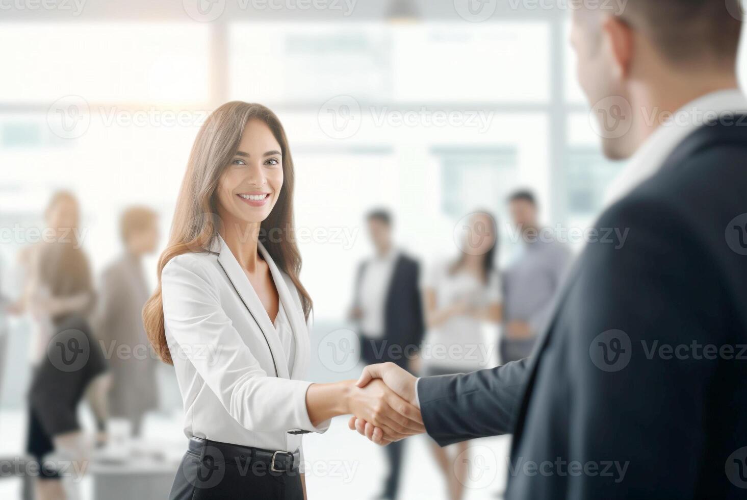 ai généré réussi affaires les partenaires femme d'affaires poignée de main avec collègues dans décontractée robe photo