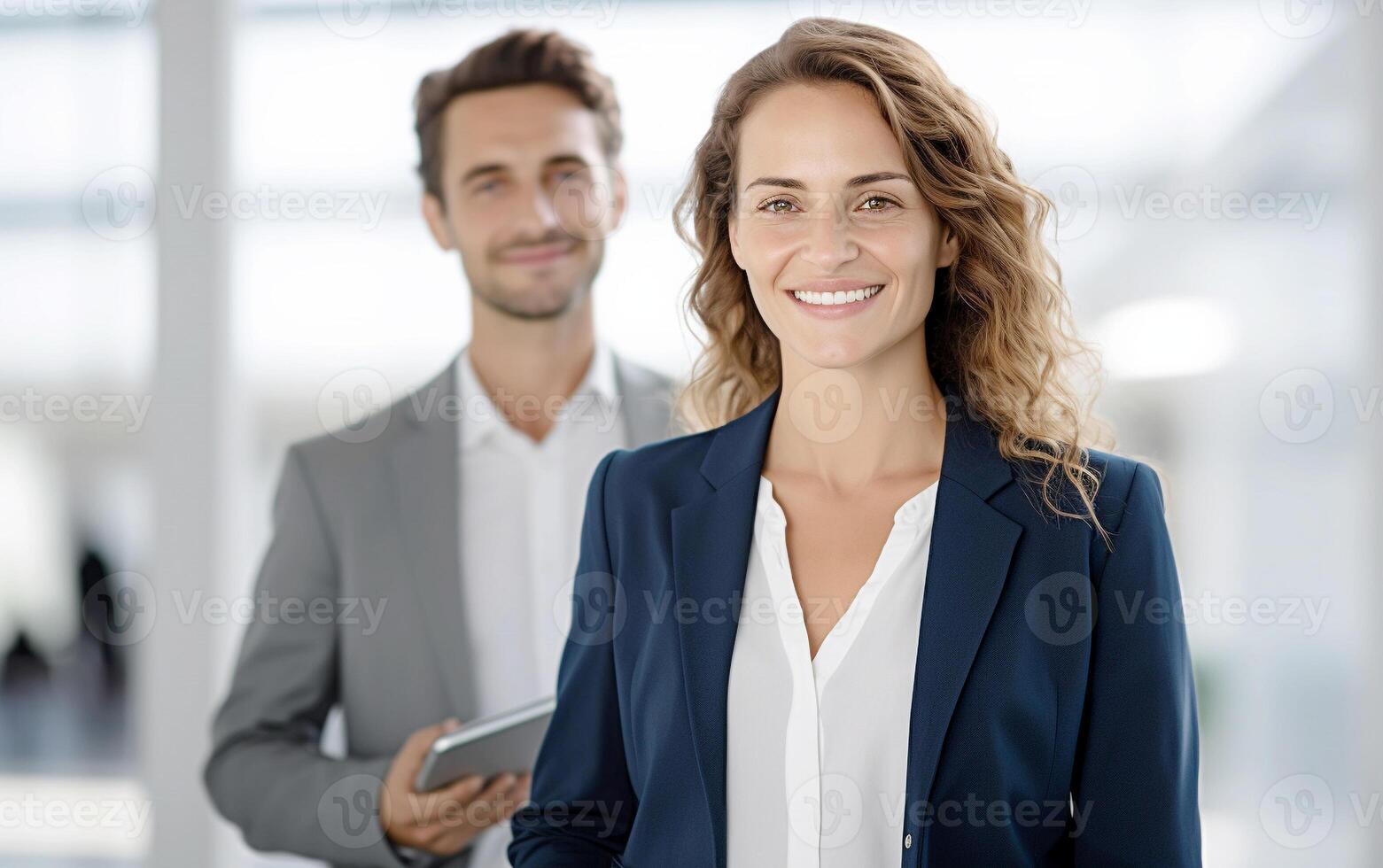 ai généré sur de soi femme d'affaires avec numérique tablette entreprise Succès photo