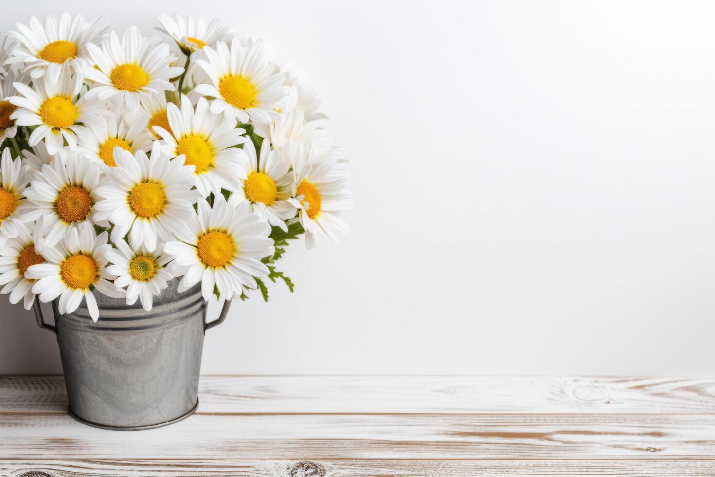 ai généré bouquet de marguerites dans une métal seau sur une blanc Contexte photo