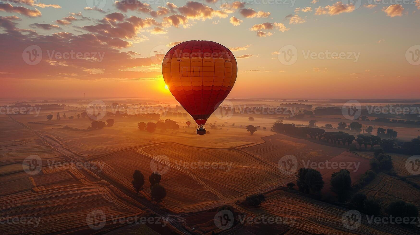 ai généré chaud air montgolfière flotteurs plus de patchwork des champs à lever du soleil, offre une Stupéfiant vue photo