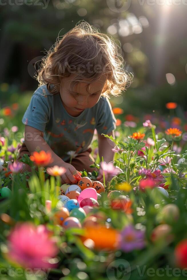 ai généré Pâques Oeuf Découverte dans floral printemps paramètre, joie déplié photo