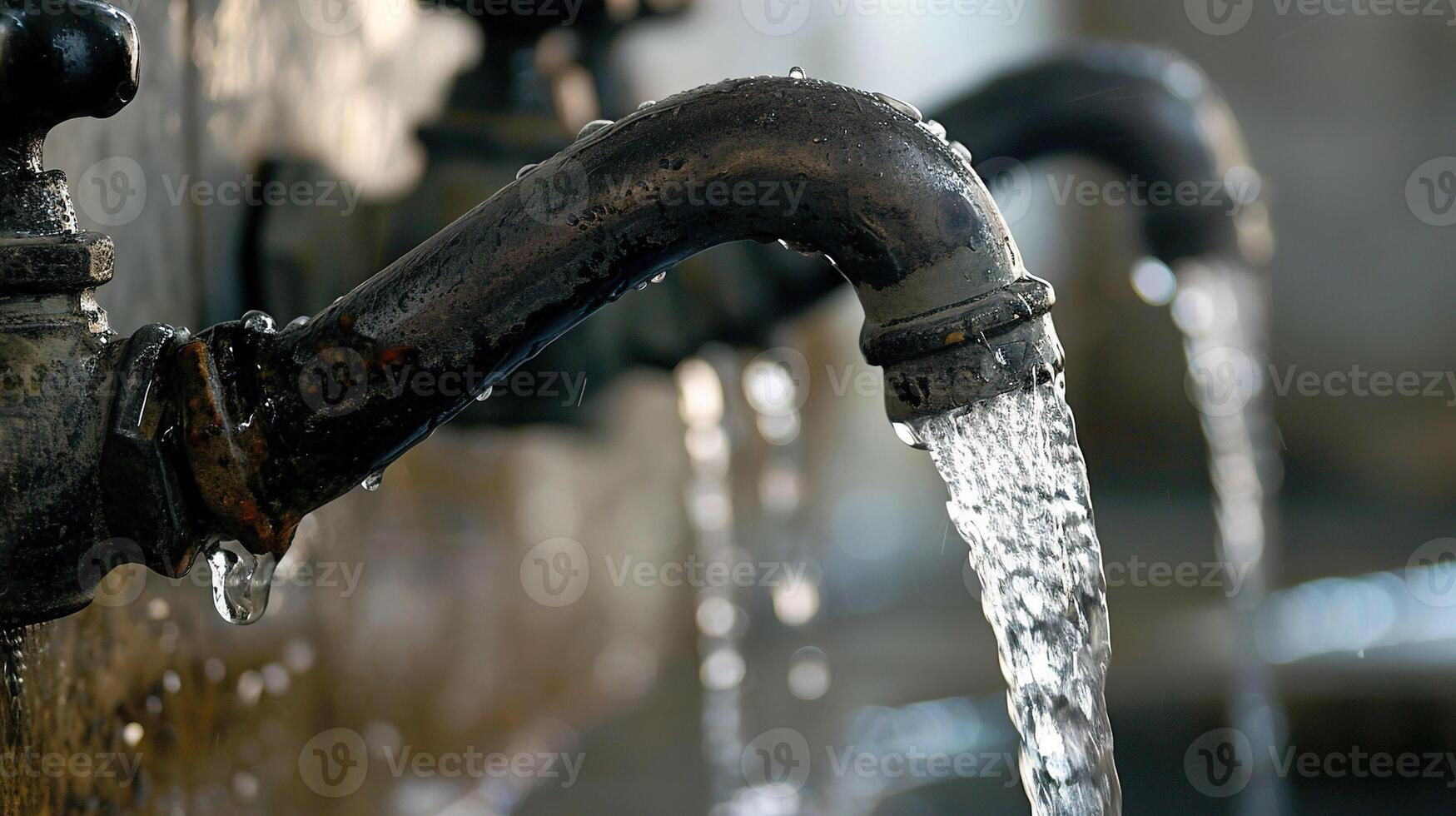 ai généré l'eau les flux de le vieux robinet, fermer, sélectif se concentrer. photo