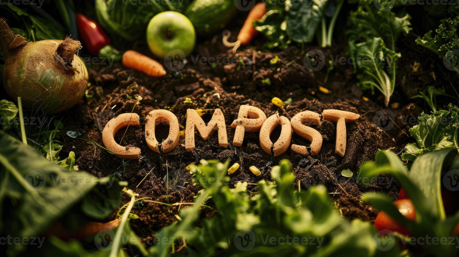 ai généré génératif ai, mot compost fabriqué de nourriture déchets compost et sol, environnement arrière-plan, biodégradable cuisine déchets, le compostage biologique nourriture photo