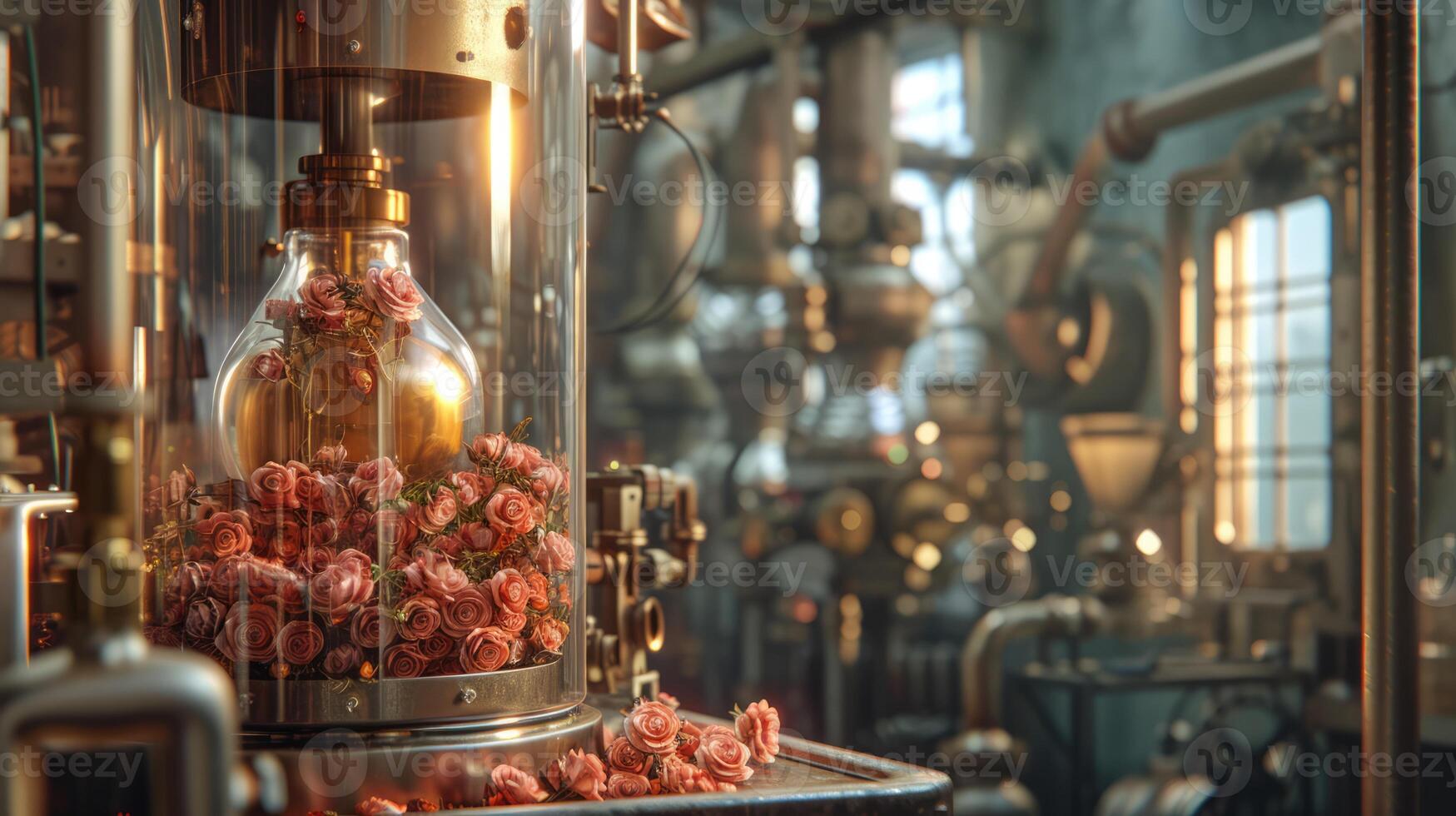 ai généré génératif ai, essentiel pétrole extraction avec distillerie machine avec Rose fleurs photo