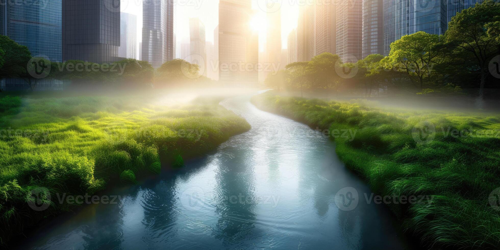 ai généré génératif ai, vert parc près gratte-ciel bâtiments, Urbain paysage, vert les espaces, durable vie, respectueux de la nature, horizon photo