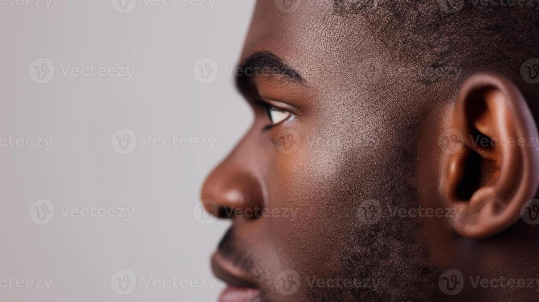 ai généré fermer portrait de une Jeune africain américain homme à la recherche loin. photo