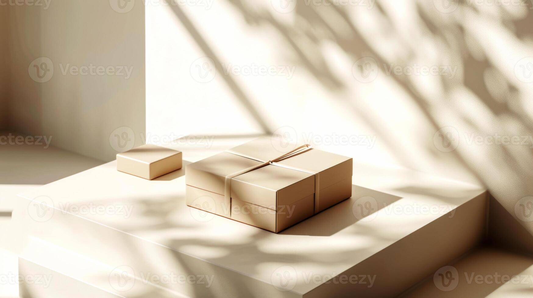 ai généré beige cadeau boîte sur une podium sur une lumière Contexte avec ombres. fermer de emballage, produit maquette, dans neutre couleurs. photo