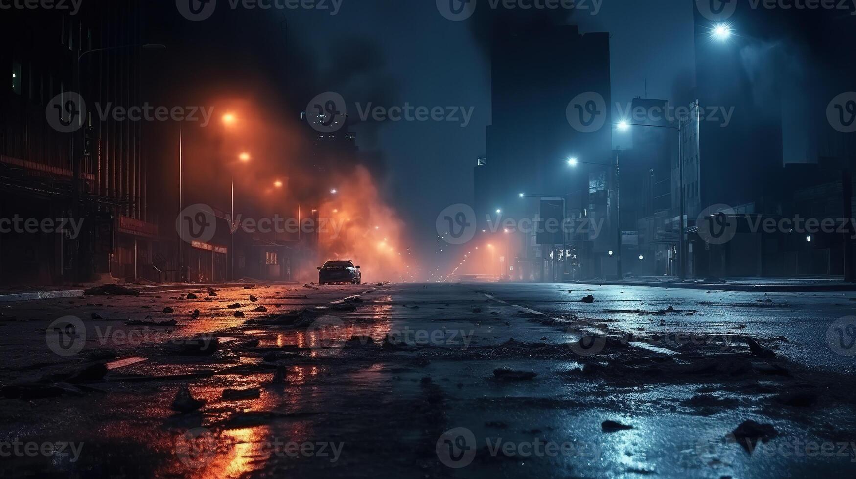 ai généré pluie route humide asphalte réflexion de néon lumières photo