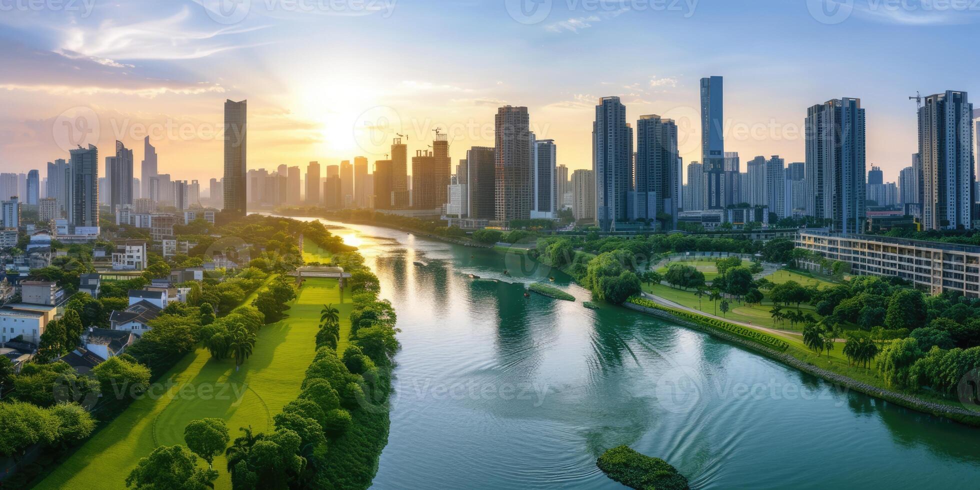 ai généré génératif ai, vert parc près gratte-ciel bâtiments, Urbain paysage, vert les espaces, durable vie, respectueux de la nature, horizon photo