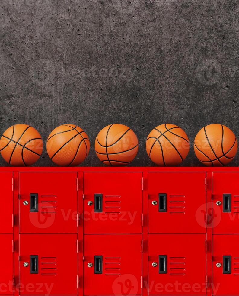 une basketball sur une rouge cabinet avec un vieux ciment Contexte. photo