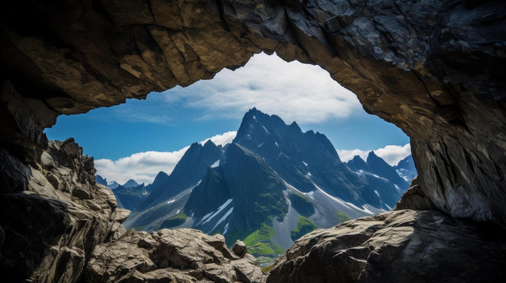 ai généré une étourdissant paysage de une Montagne par une Roche cambre photo