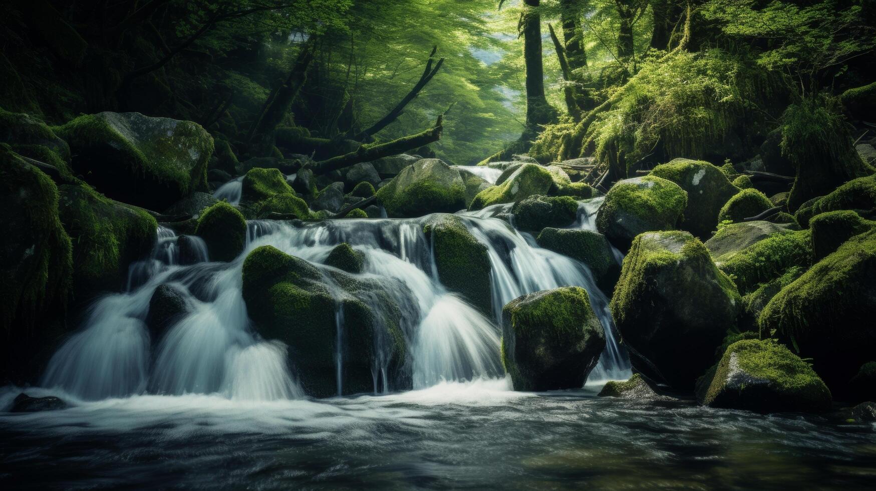 ai généré moussu rochers et une cascade dans une forêt réglage photo