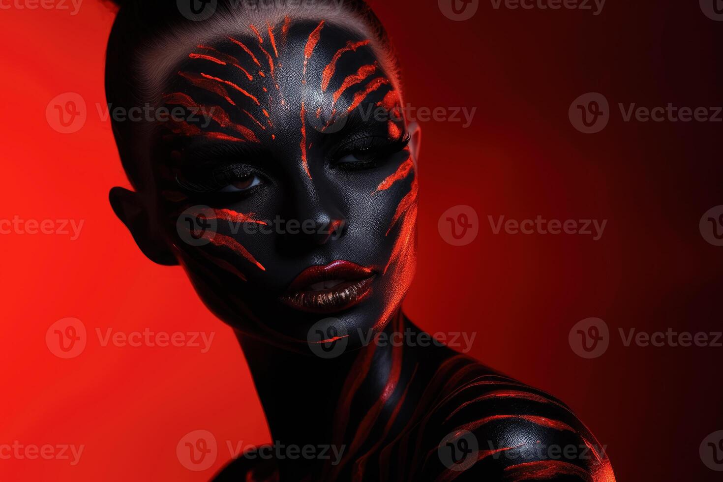 ai généré art maquillage dans noir et rouge Couleur pour Goth modèle. photo