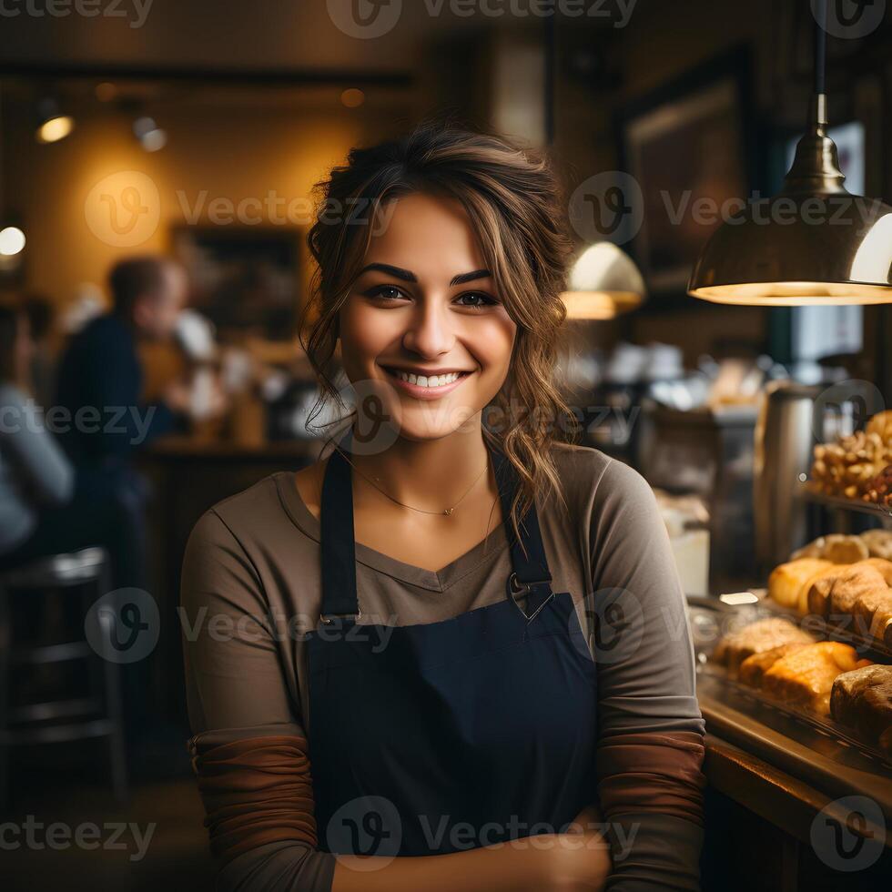 ai généré portrait de femelle barista souriant tandis que pliant mains dans café magasin. femme portant tablier. génératif ai photo