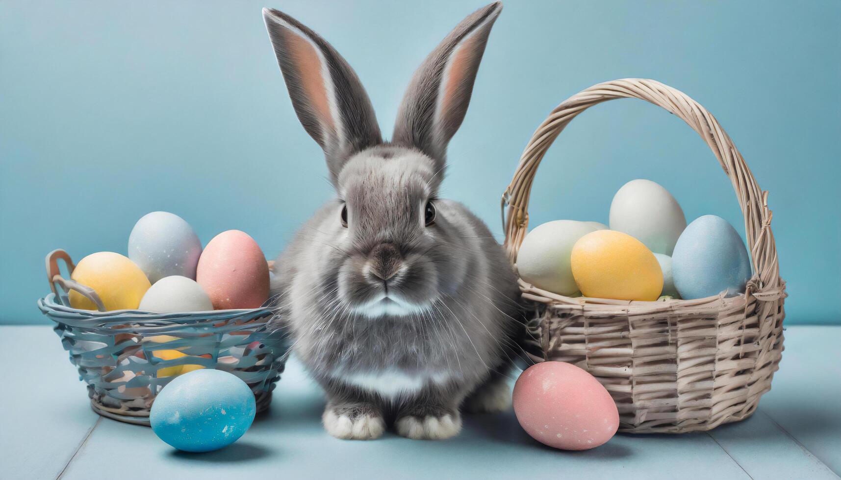 ai généré Pâques gris lapin avec des œufs photo
