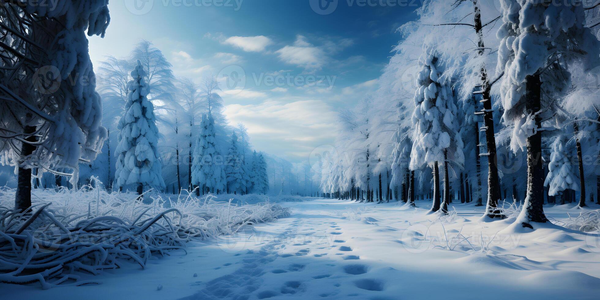 ai généré neigeux forêt avec sentier. hiver paysage. Fée conte illustration. génératif ai photo