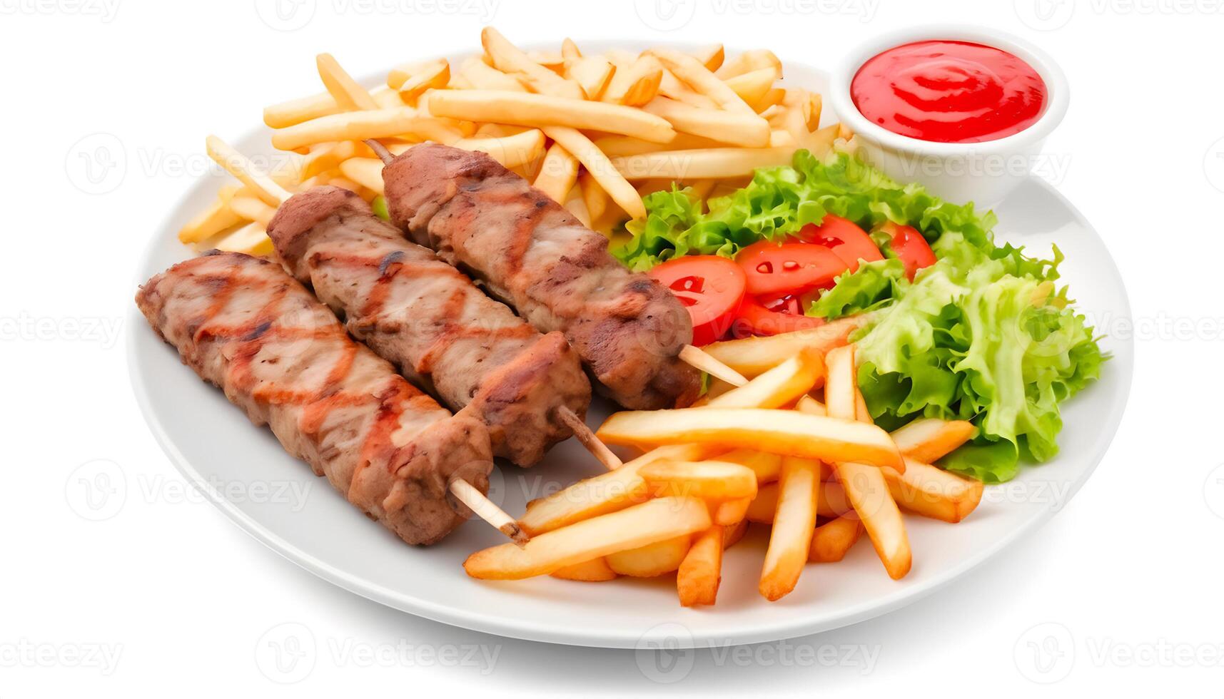 ai généré assiette de kebab, des légumes et français frites isolé sur blanc Contexte photo