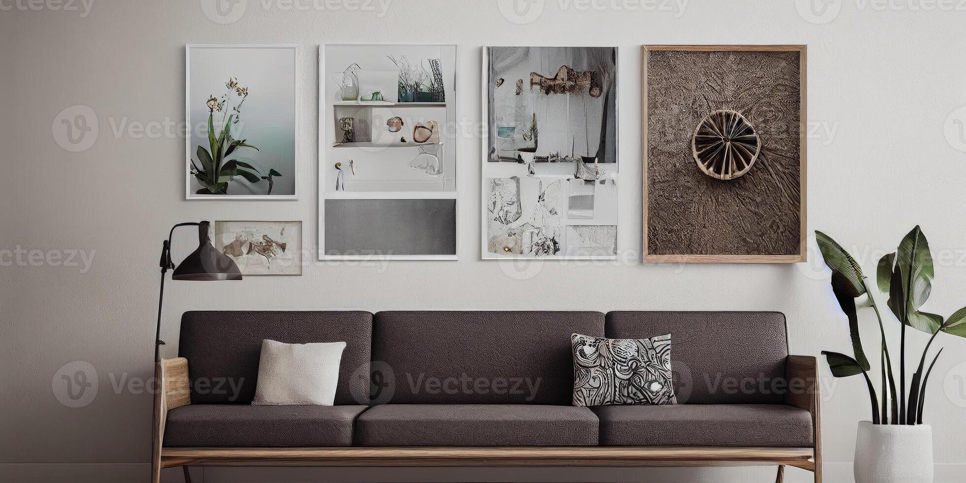 élégant scandinave vivant pièce avec conception menthe canapé, meubles, moquer en haut affiche carte, les plantes et élégant personnel accessoires. moderne Accueil décor. brillant et ensoleillé chambre. génératif ai illustration. photo