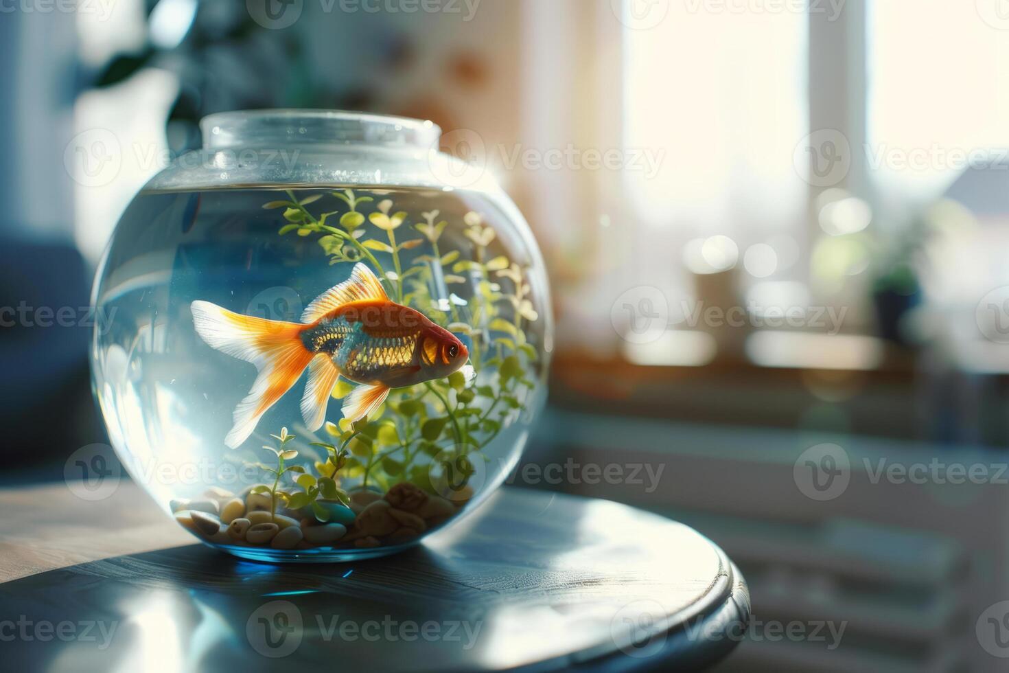 ai généré aquarium avec poisson rouge sur le table dans le ensoleillé chambre. génératif ai photo