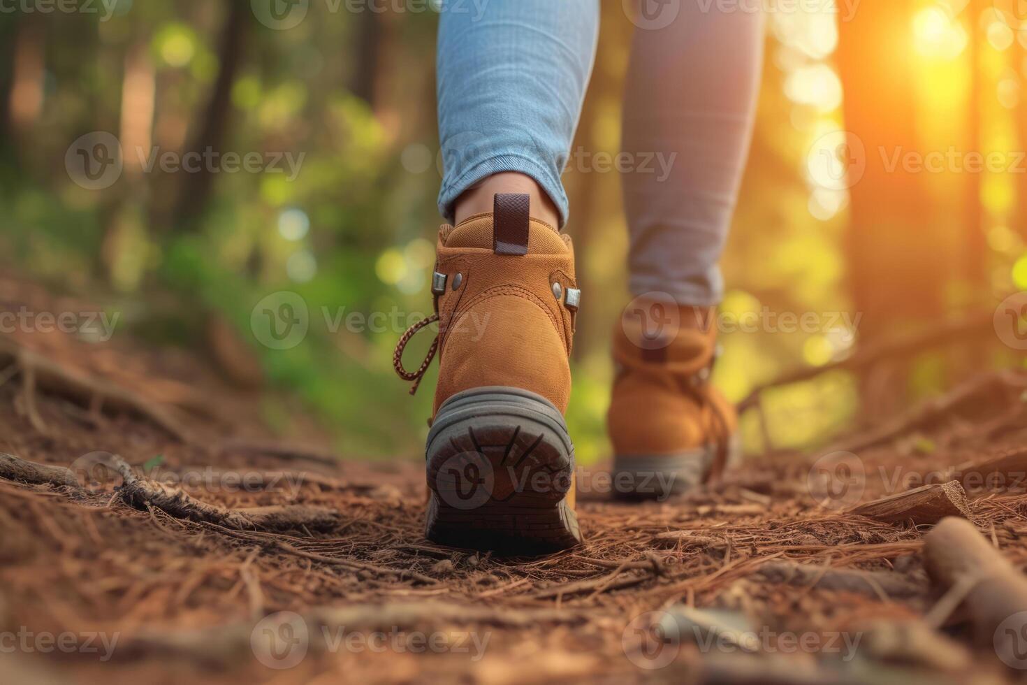 ai généré proche en haut de promeneur pieds en marchant en plein air dans le forêt. génératif ai photo