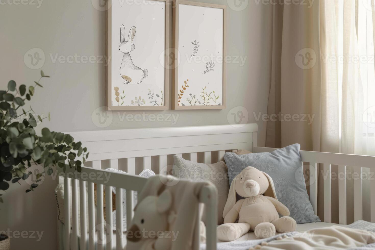 ai généré confortable lit de bébé avec décoratif coussins permanent dans mignonne bébé pièce avec affiches. génératif ai photo