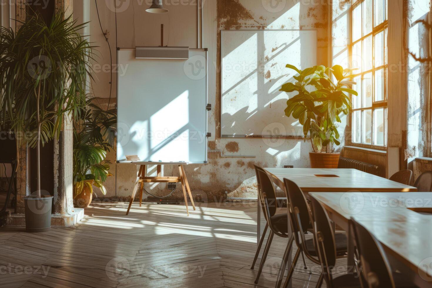 ai généré intérieur de moderne Bureau ou salle de cours avec tableau à feuilles. conférence pièce avec meubles et blanc l'écriture planche. génératif ai photo