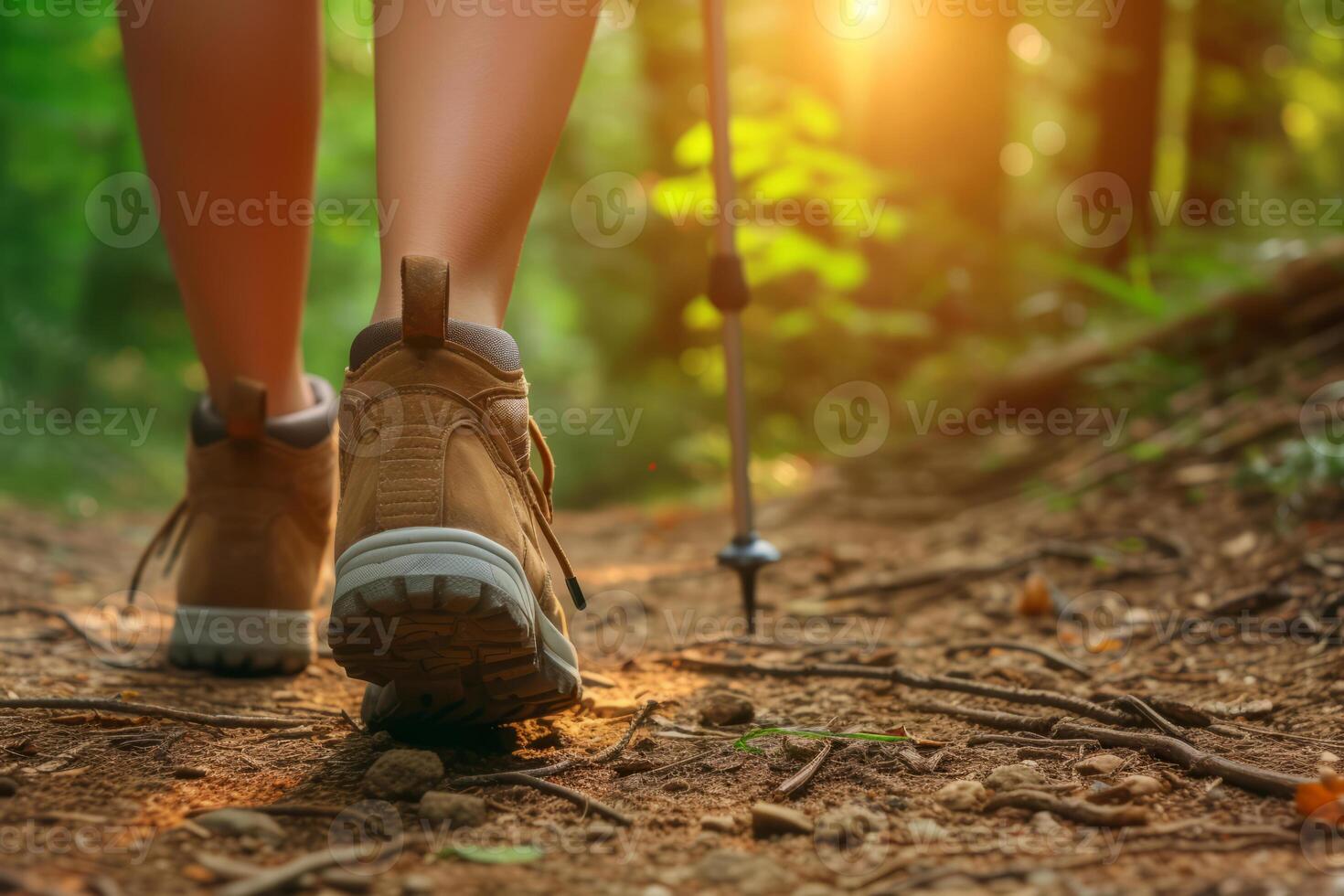 ai généré proche en haut de promeneur pieds en marchant en plein air dans le forêt. génératif ai photo