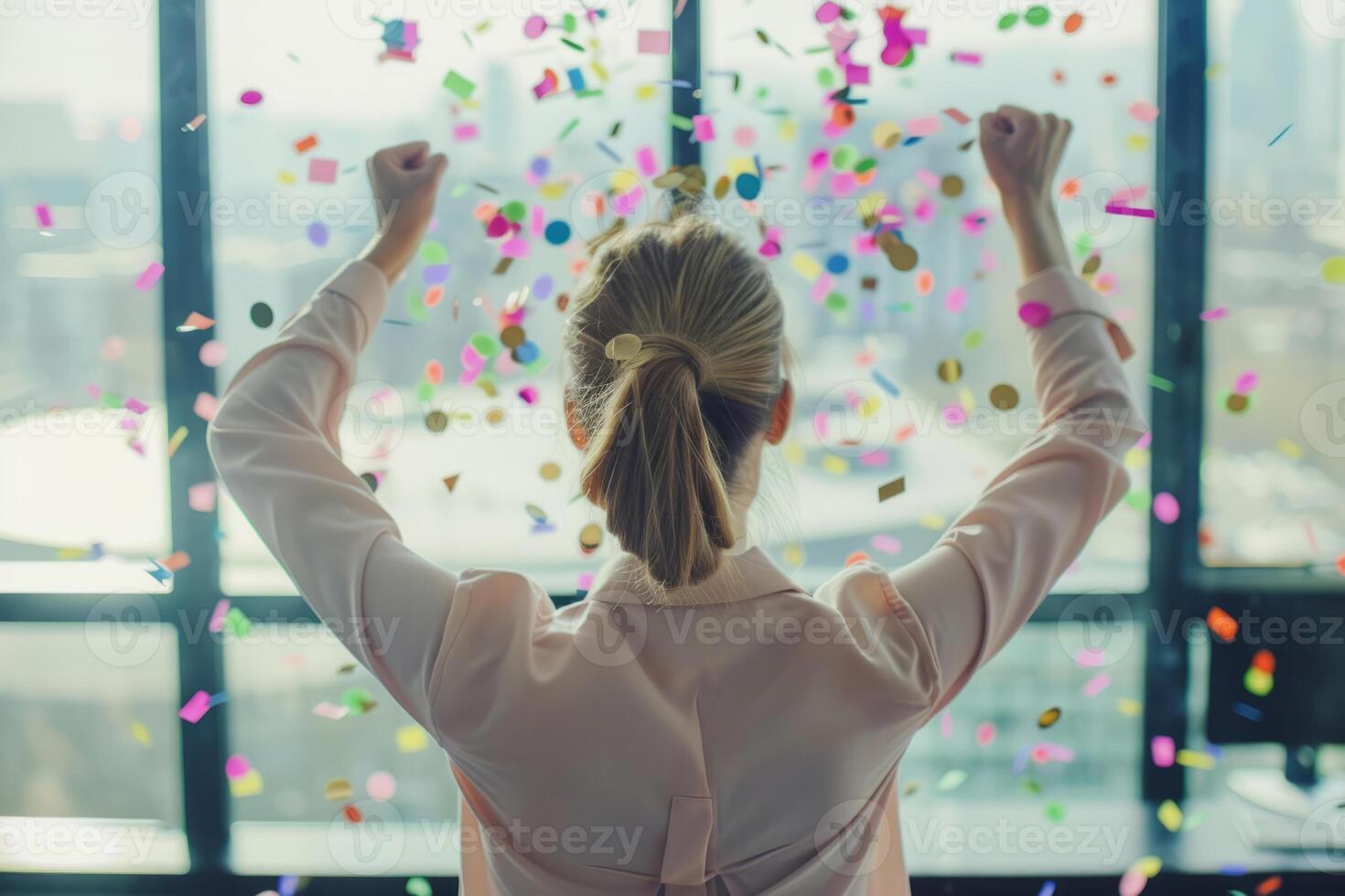 ai généré arrière vue de content femme d'affaires fête Succès avec confettis dans bureau. génératif ai photo