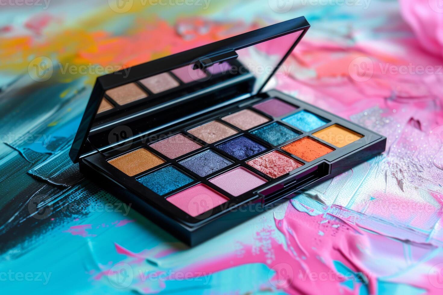 ai généré printemps à thème brillant le fard à paupières palette sur une branché vibrant Contexte. maquillage produits de beauté. génératif ai photo