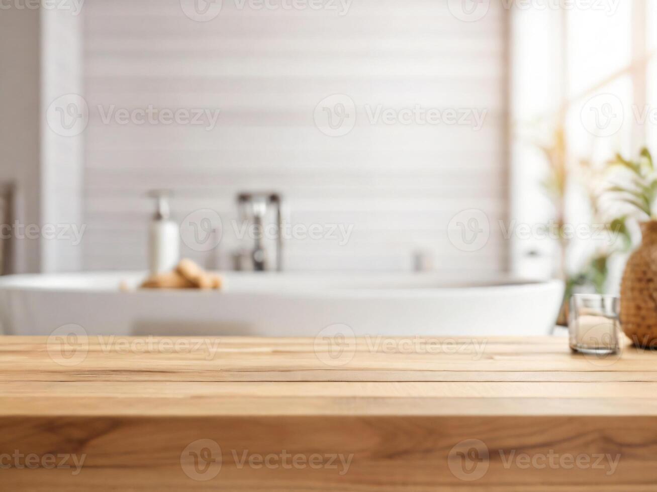 ai généré vide en bois table Haut sur brouiller blanc moderne salle de bains intérieur Contexte dans nettoyer et brillant photo