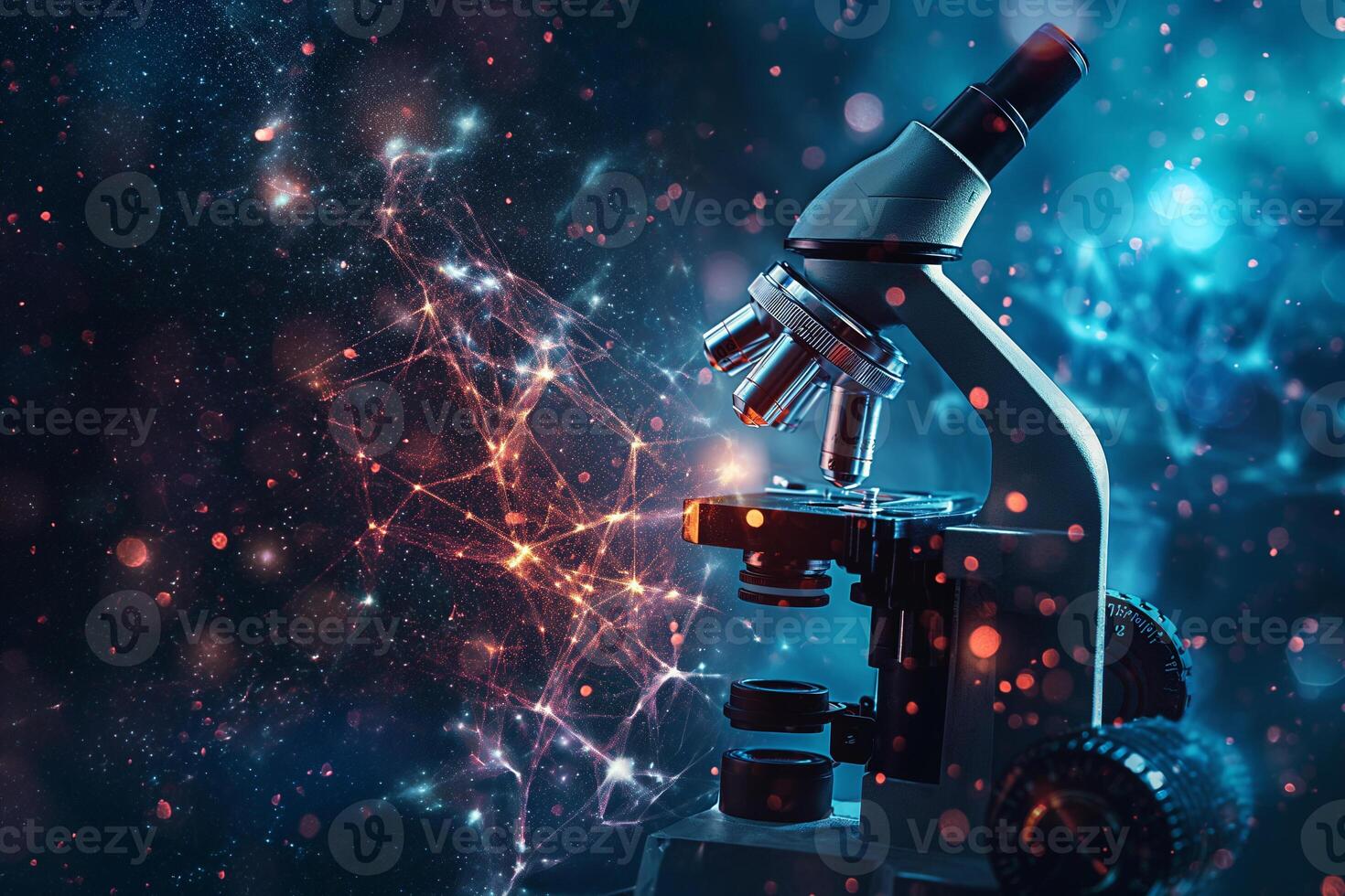 ai généré une microscope ensemble contre une cosmique toile de fond magnifie le invisible, symbolisant le exploration de le microscopique univers avec un astronomique esthétique. photo