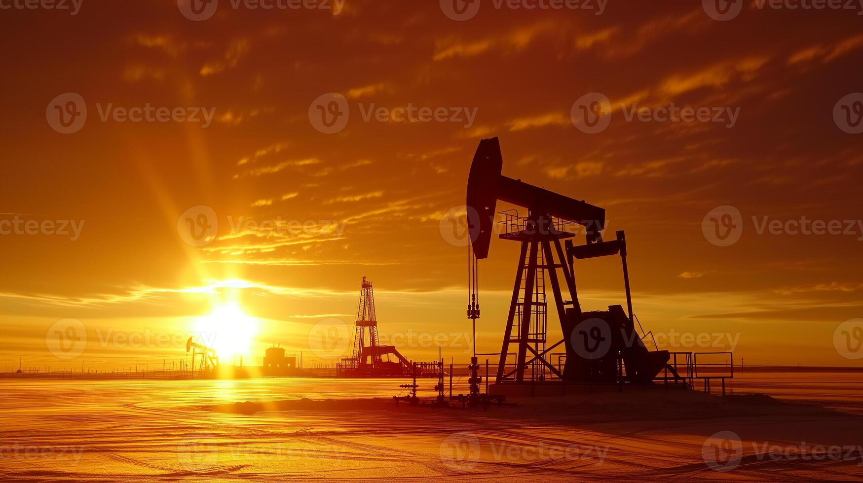 ai généré une Pumpjack opère au milieu de forage plates-formes, baigné dans le d'or lumière de lever du soleil ou coucher de soleil, symbolisant le énergie du secteur travail. photo