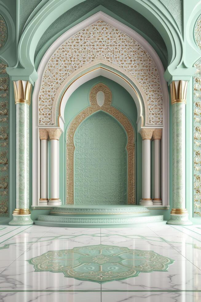 ai généré une 3d islamique podium ressembler une décoré mimbar, avec une Couleur palette de vert, or, bronze, et pastel tons. photo