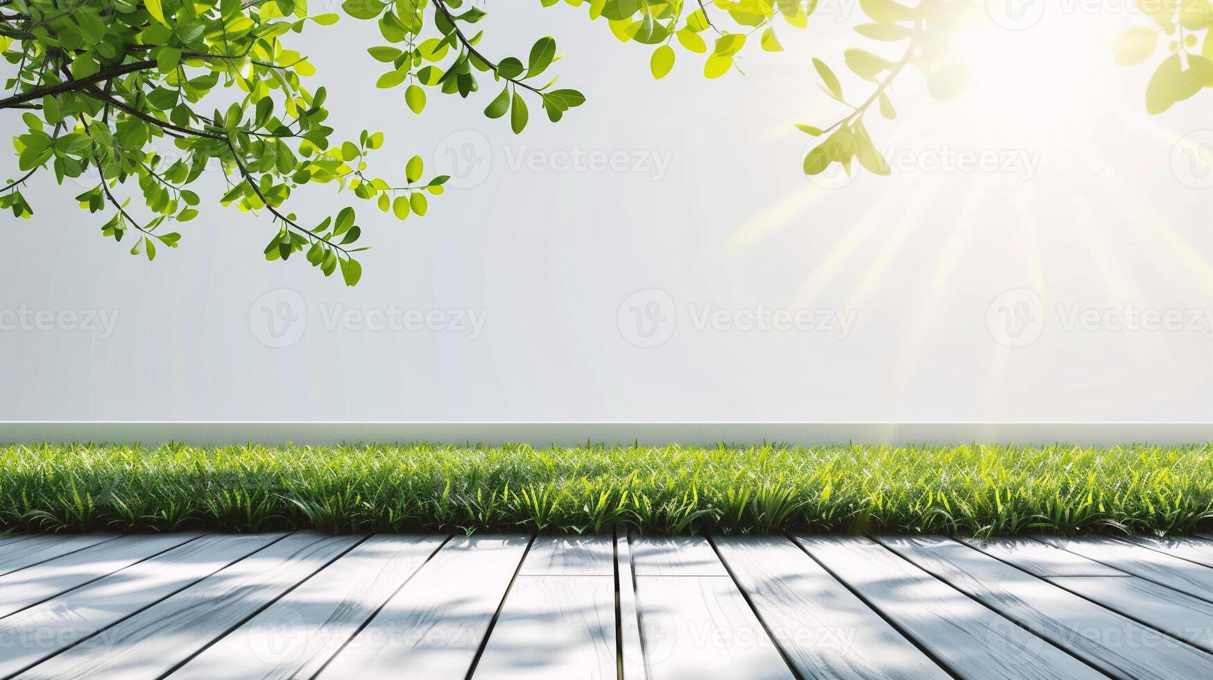 ai généré en bois sol dans le jardin avec vert herbe et lumière du soleil Contexte. photo