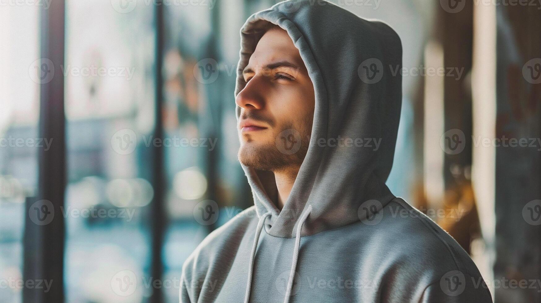 ai généré portrait de une Jeune homme dans une gris sweat à capuche dans le ville photo